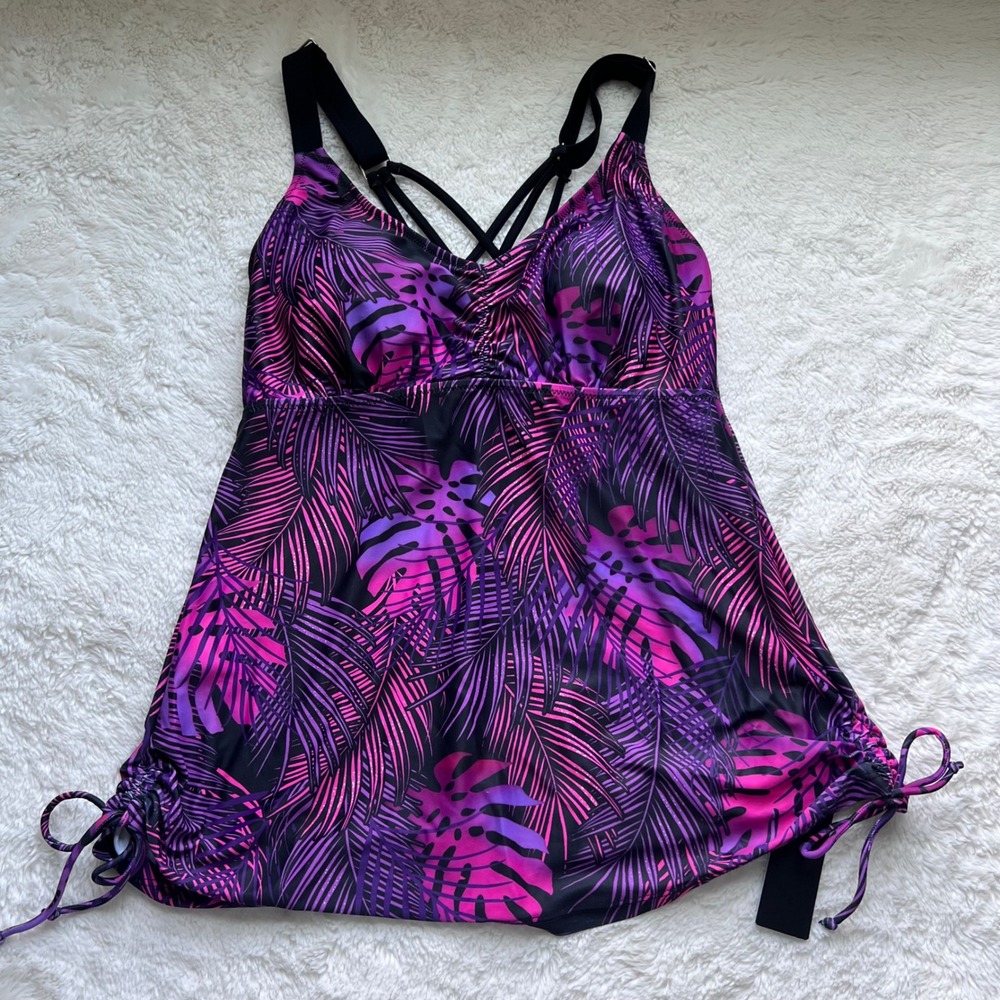 Tempt Me Purple Tropical Palm Leaf Tankini Swim Top Ruched Side Tie Size Small